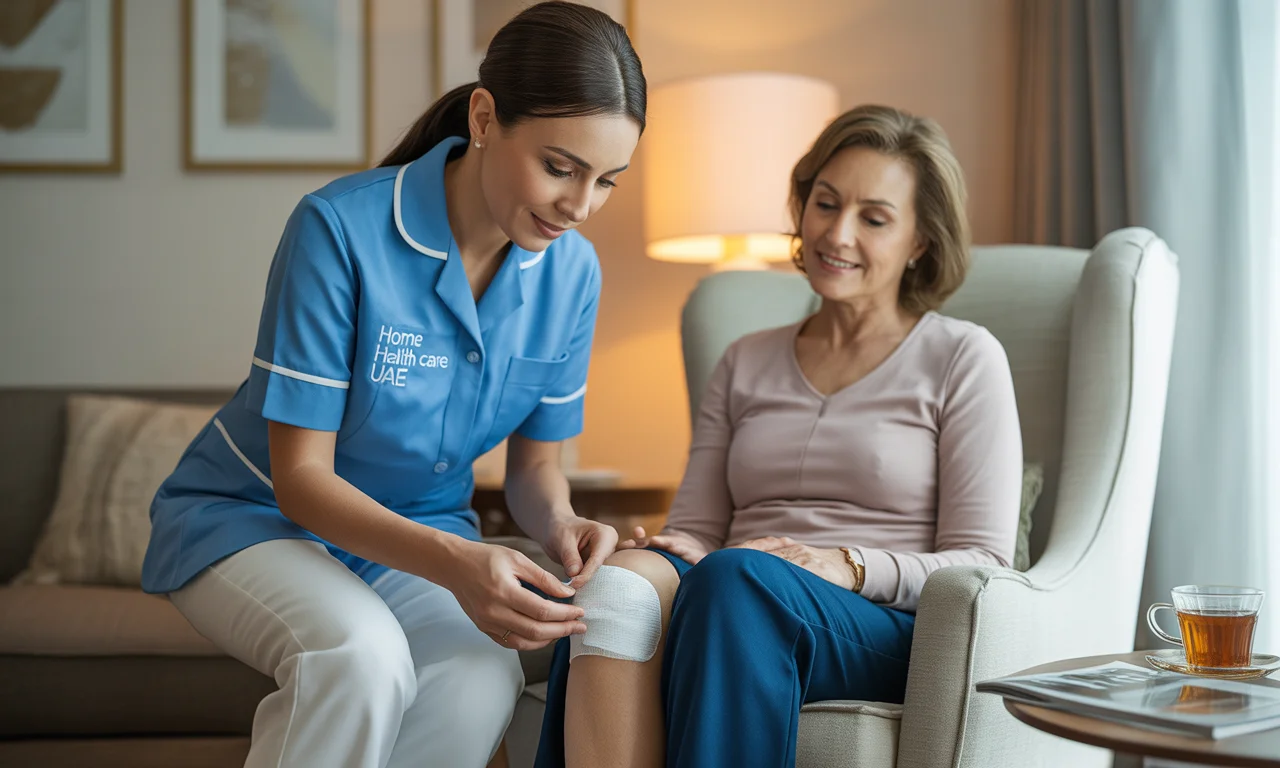 Home nurse performing a sterile surgical wound dressing for a patient in a bright, culturally sensitive UAE apartment setting.