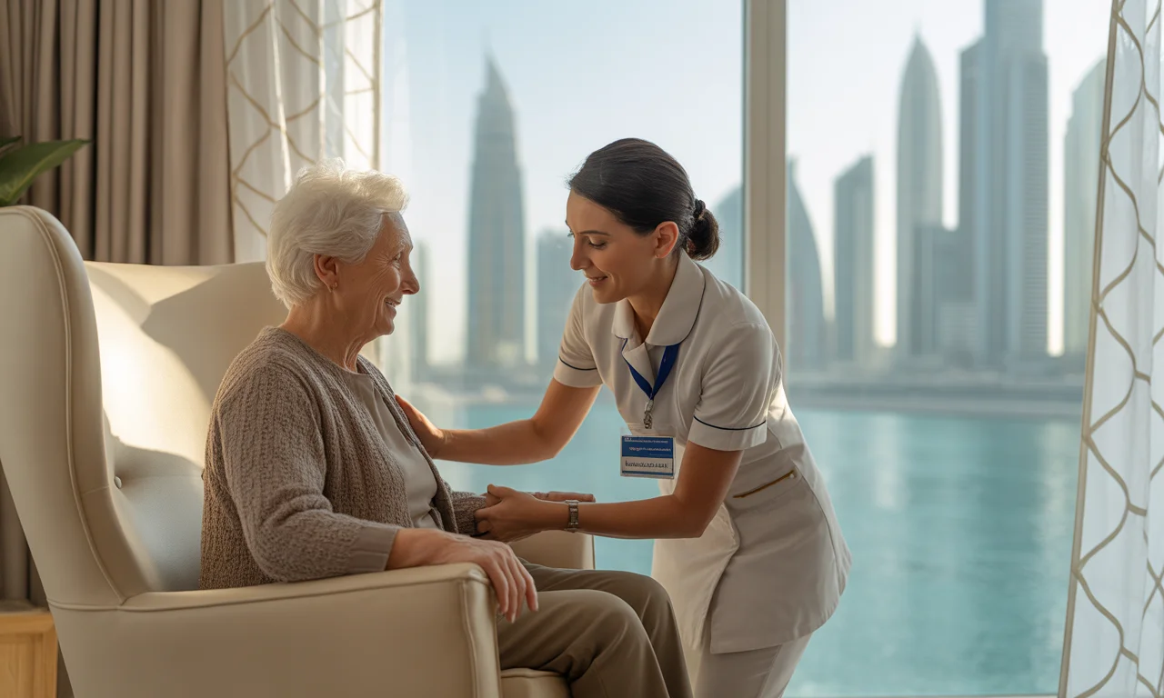 Licensed nurse providing compassionate home health care to an elderly patient in a modern UAE home