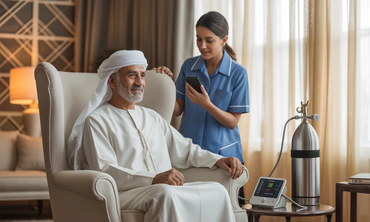 Home nurse urgently assisting an elderly patient during a medical emergency in a UAE modern living room, medical equipment present.