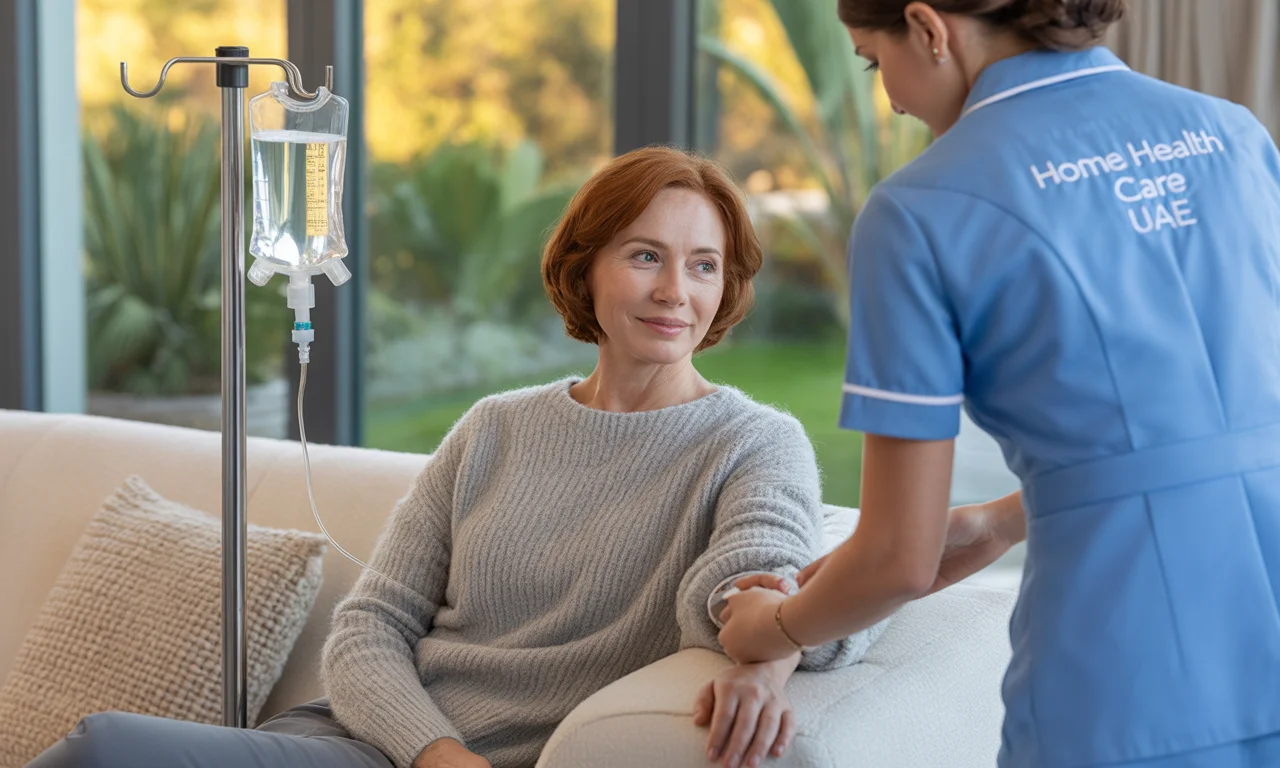 Nurse administering a custom IV cocktail drip to a relaxed adult patient at home in a modern UAE living room.