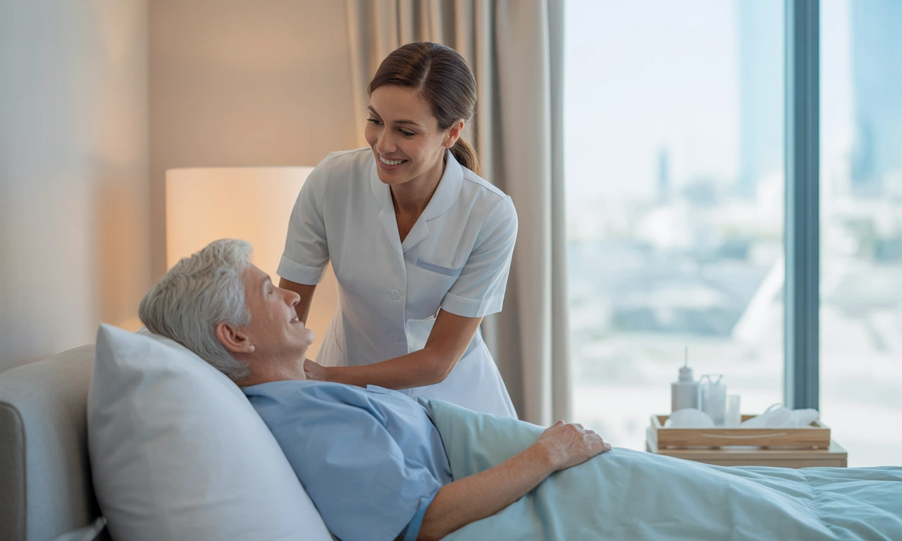 Home nurse assisting a post-surgery patient in a modern UAE bedroom with wound care supplies.