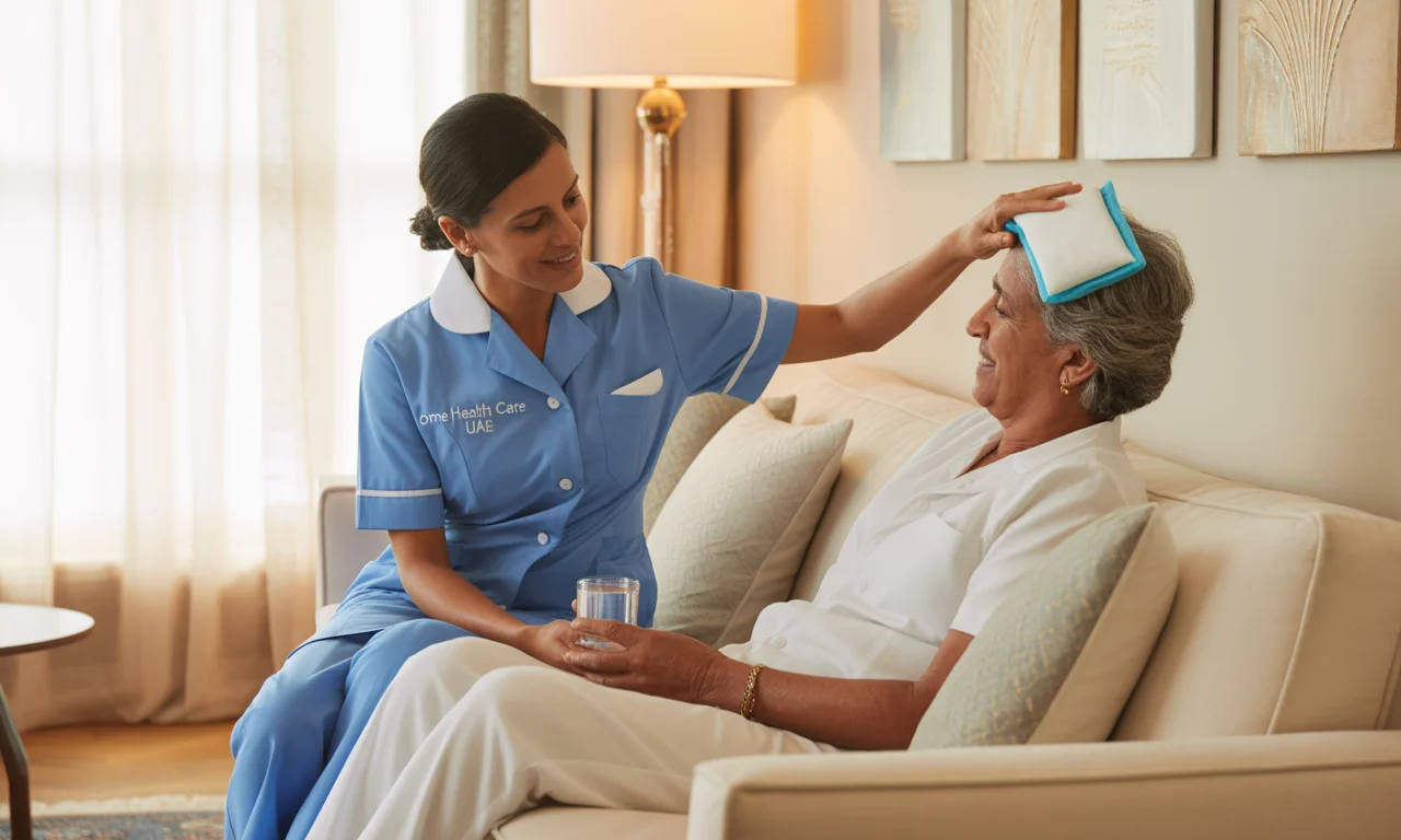 UAE home healthcare nurse in a blue hospital uniform with ‘Home Health Care UAE’ printed on the dress, assisting a patient with a migraine in a bright Abu Dhabi apartment, with a cold compress, glass of water, and Arabic-inspired decor.