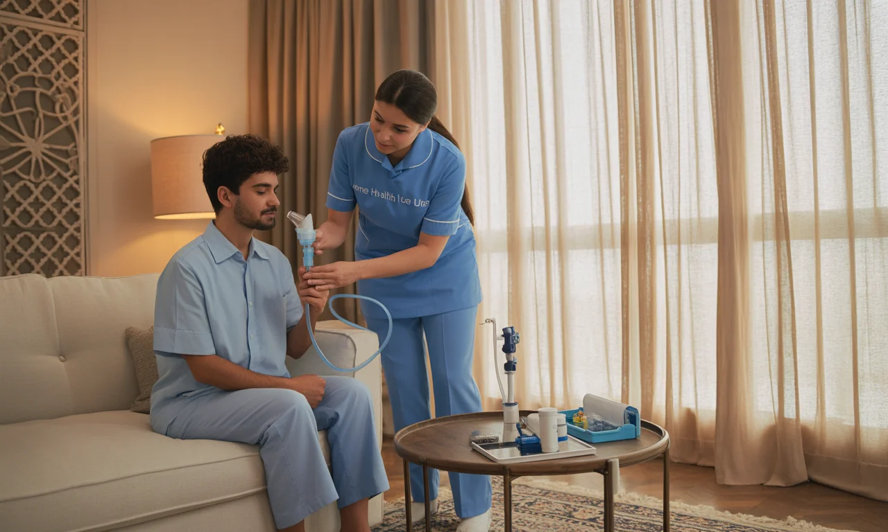 UAE home healthcare nurse in a blue uniform with ‘Home Health Care UAE’ printed on the dress assisting a young adult patient with a nebulizer treatment in a bright Abu Dhabi apartment, with a peak flow meter, medication tray, and Arabic-inspired decor.