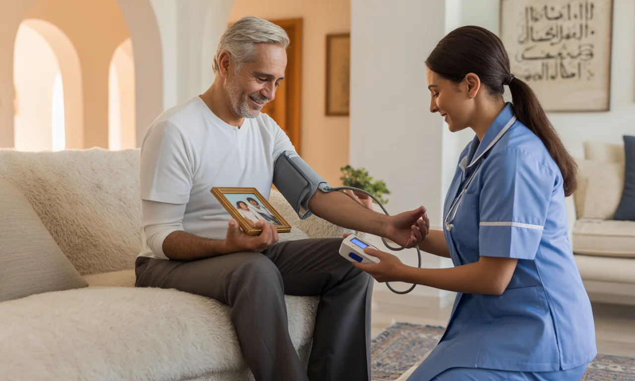 A Middle Eastern elderly man receiving compassionate care from a DHA-licensed home nurse in a bright, modern UAE home.