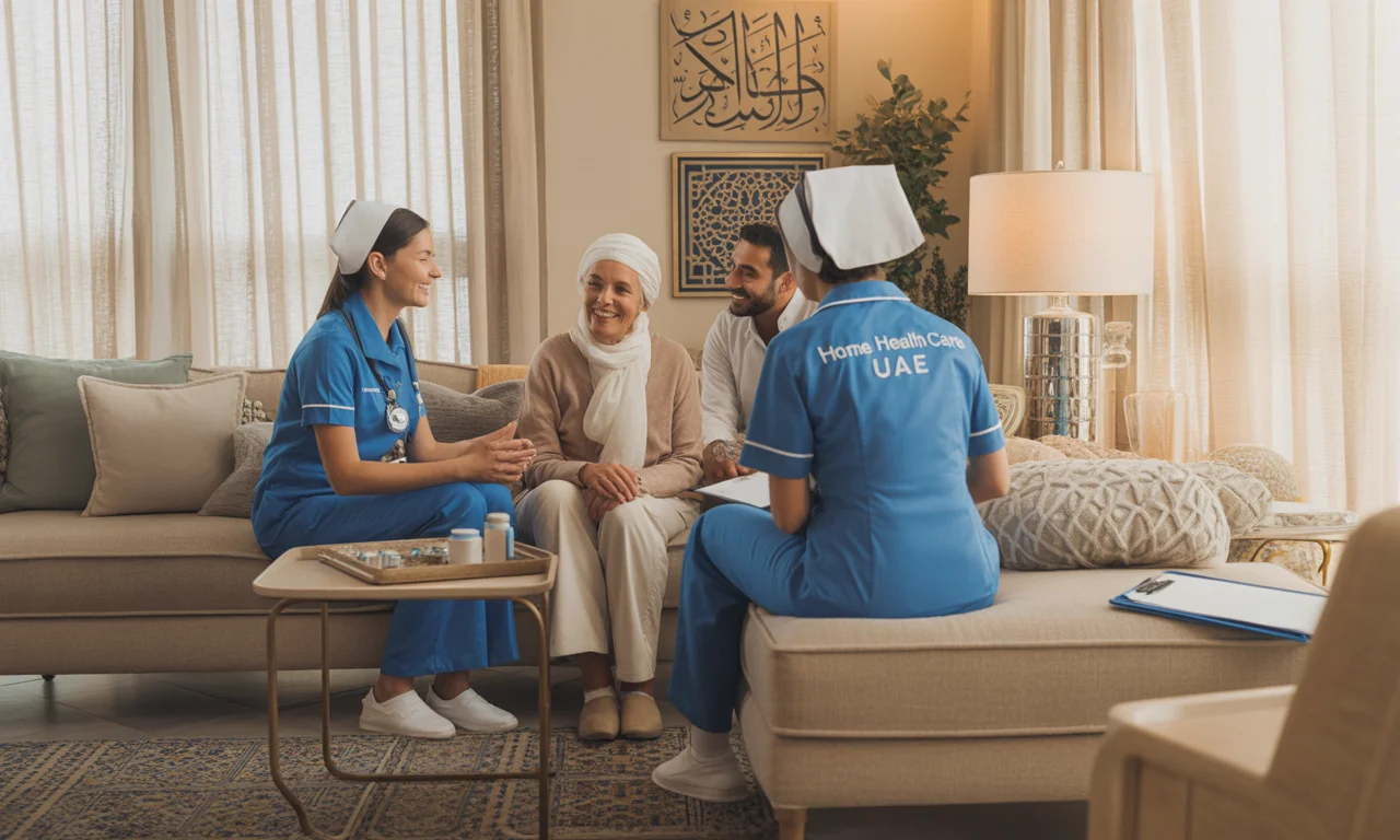 UAE home healthcare doctor and a nurse in a blue hospital uniform with ‘Home Health Care UAE’ printed on the dress consulting with an elderly patient and family in a bright Abu Dhabi living room, with a clipboard, medication tray, and Arabic-inspired decor.