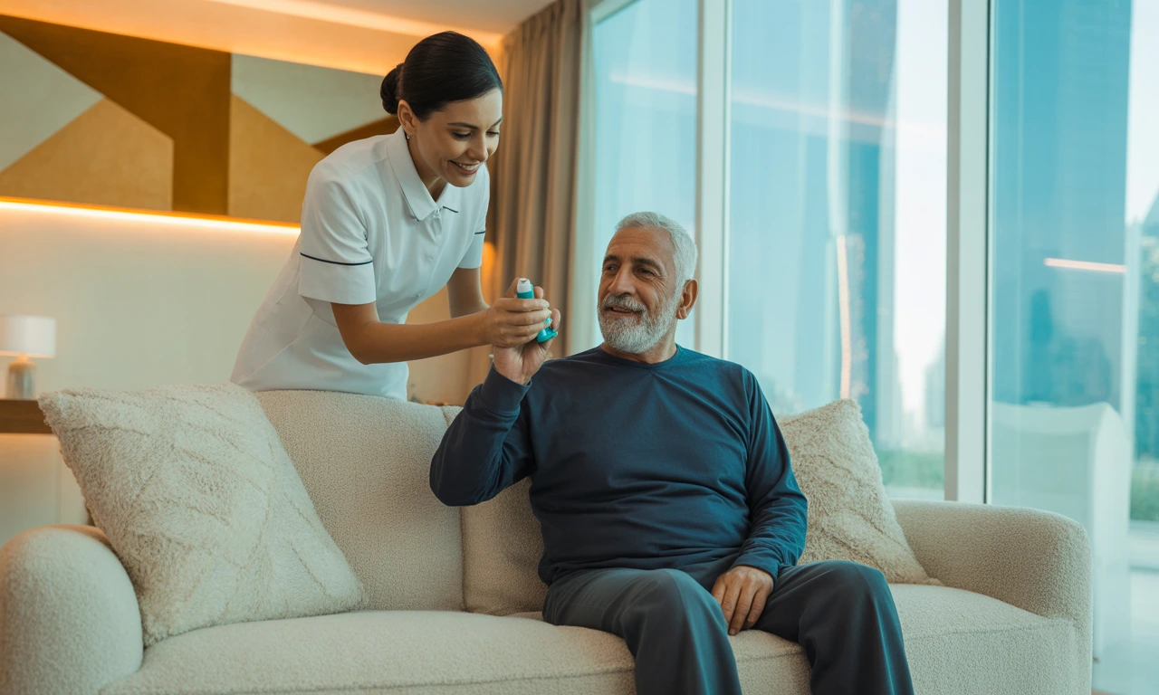 Nurse providing post-discharge care to a patient at home in the UAE, in a modern, sunlit apartment.