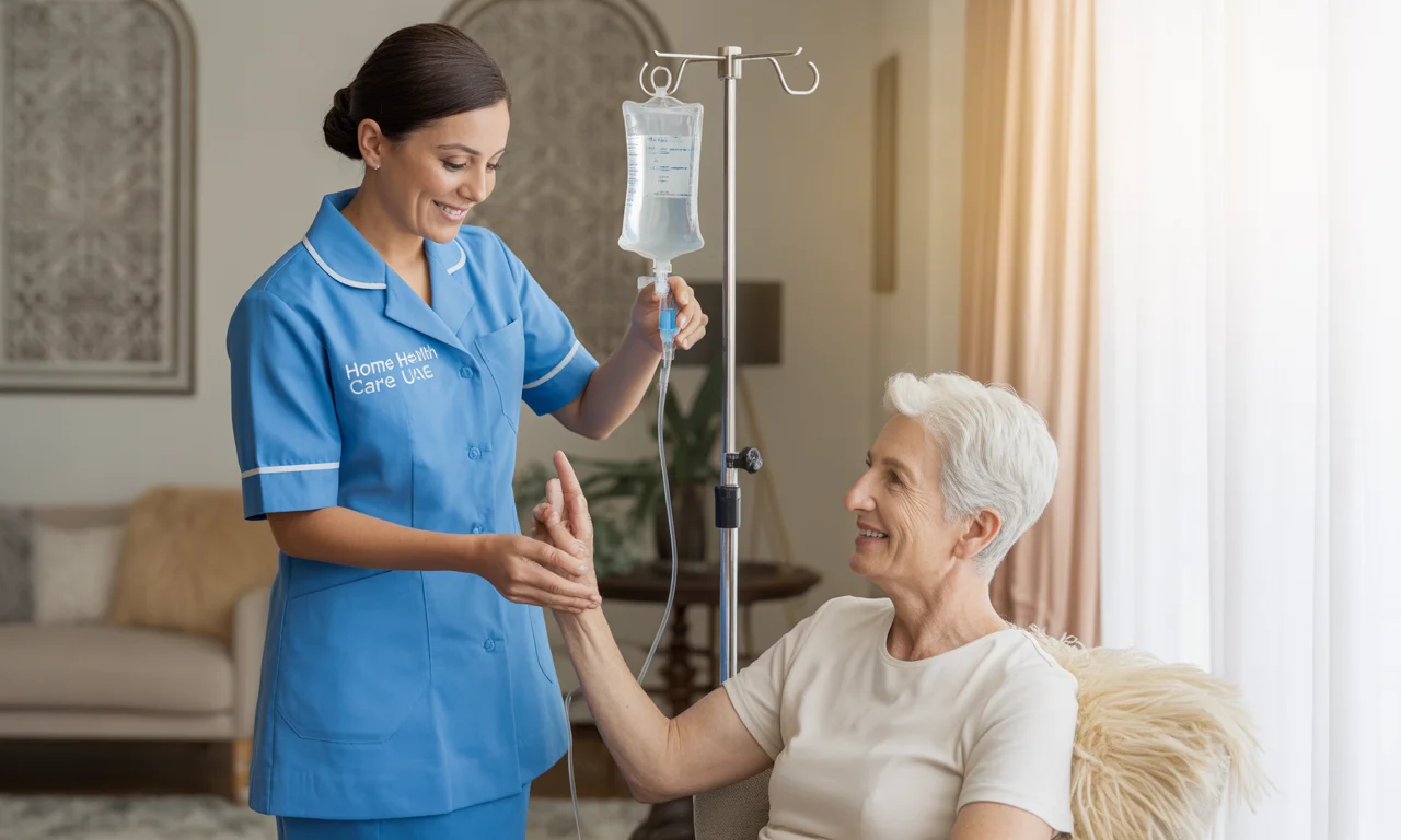 Certified nurse administering chemotherapy infusion to a patient at home in the UAE, both smiling in a comfortable living room setting.