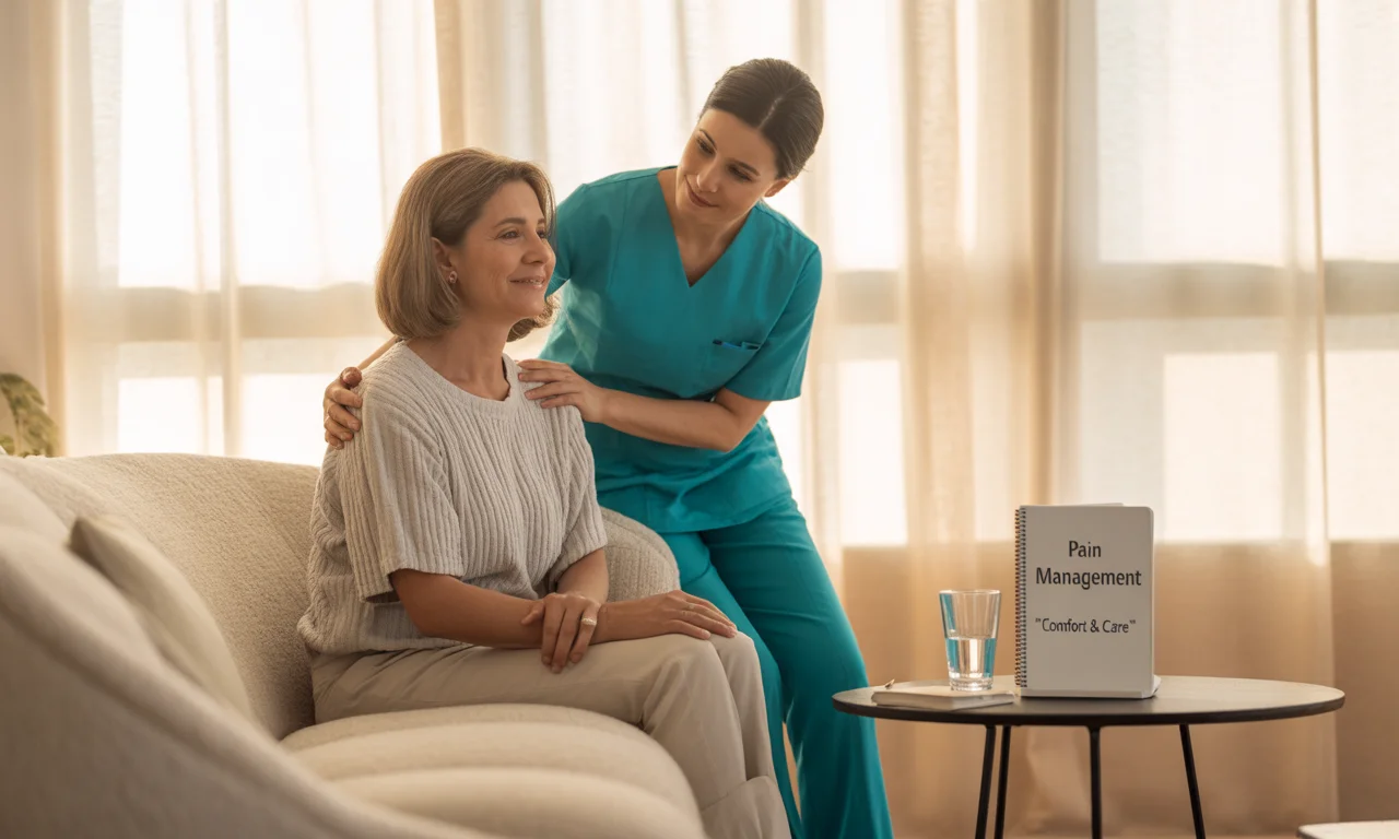 UAE home healthcare nurse in teal scrubs assisting a middle-aged patient with chronic pain in a bright, modern apartment with Arabic decor, landscape orientation.