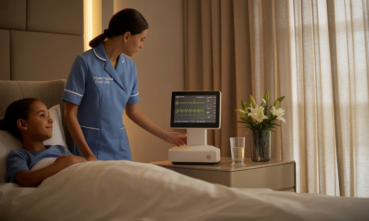 ICU-trained nurse monitoring a patient on advanced medical equipment, including a ventilator and heart monitor, in a modern UAE bedroom.