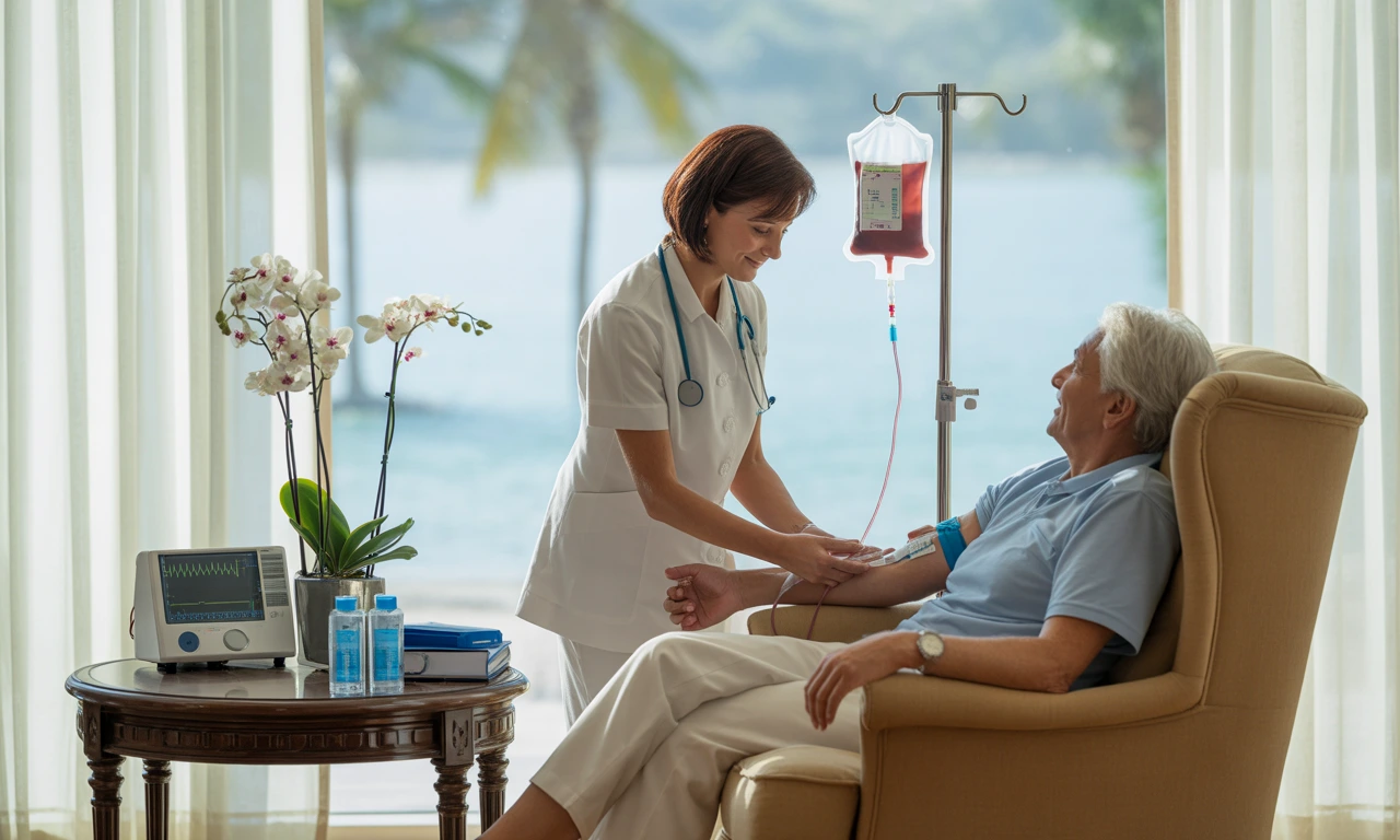 Nurse administering a blood transfusion to a patient at home in the UAE, using professional medical equipment in a clean, comfortable setting.