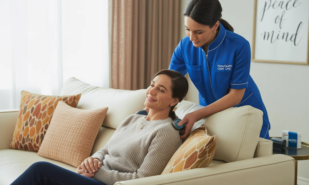 Clinician assisting an adult with pain therapy at home in a modern UAE apartment, featuring natural light and Arabic decor.