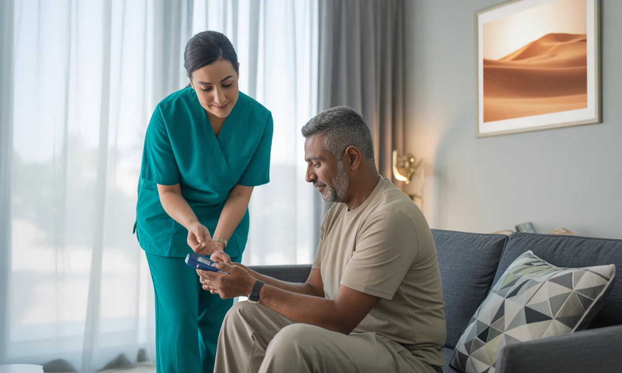 Nurse assisting a patient with blood glucose monitoring and insulin injection at home in the UAE, in a comfortable, modern room.