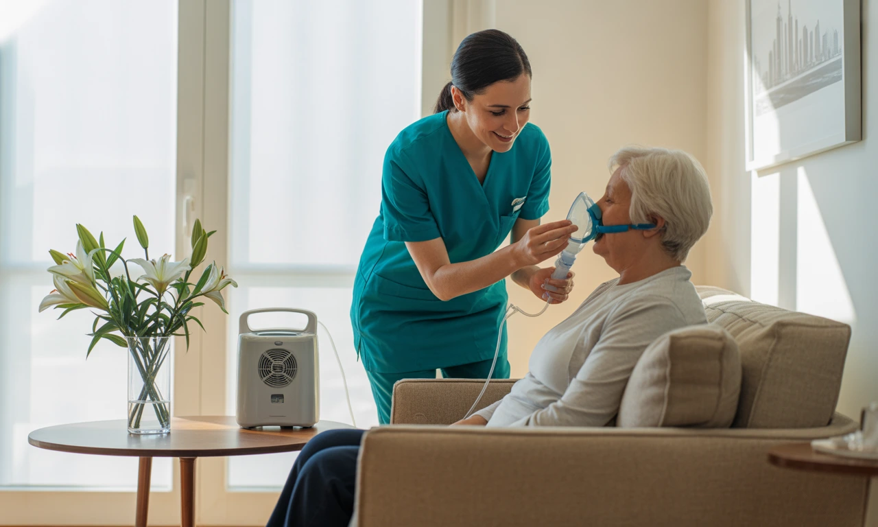 Nurse administering home respiratory therapy with nebulizer and oxygen equipment to a patient in a UAE living room.