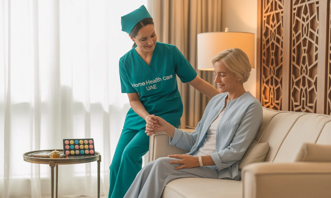 UAE home healthcare nurse in teal scrubs assisting a post-surgical patient in a sunlit Abu Dhabi apartment, with a pill organizer and therapy bands on a table, and Arabic-inspired decor.