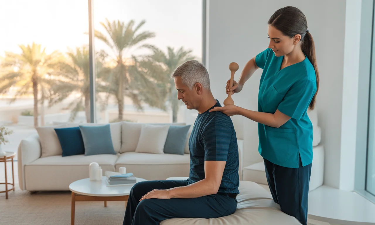 Home chest physiotherapy service in UAE with a therapist performing percussion and postural drainage on a patient in a modern home setting.