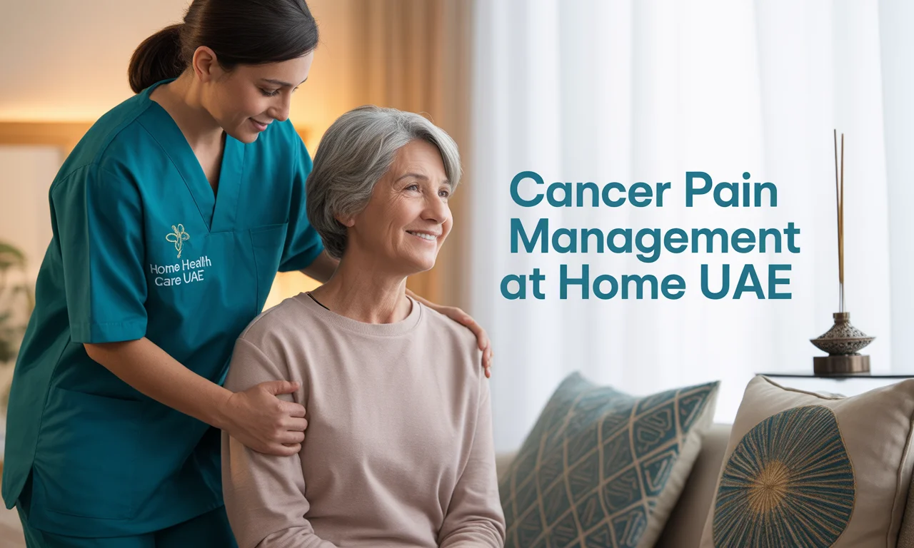 UAE home healthcare nurse in teal scrubs assisting a cancer patient in a bright Abu Dhabi apartment with subtle medical equipment and Arabic decor, landscape orientation.
