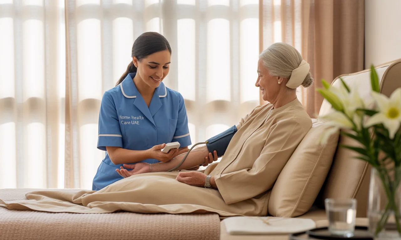 Home nurse recording a patient’s vital signs beside the bed in a modern, well-lit UAE home using professional medical equipment.