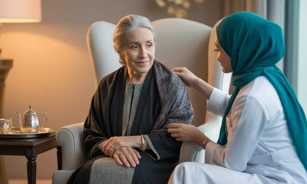 Elderly woman receiving compassionate nursing care from a professional home nurse in a modern UAE living room.
