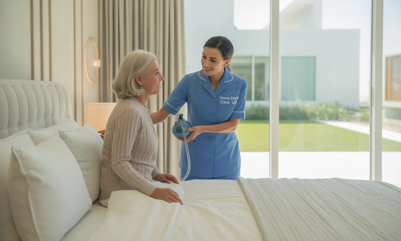 Live-in nurse attentively caring for an elderly patient in a bright, modern UAE bedroom.