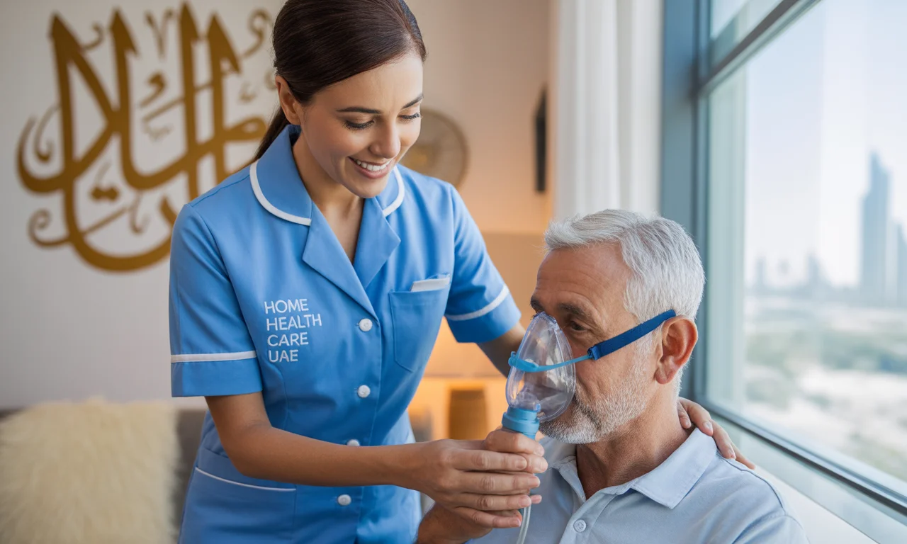 UAE home healthcare nurse in a blue uniform with ‘Home Health Care UAE’ printed on the dress assisting an adult patient with an oxygen concentrator in a bright Abu Dhabi apartment, with visible respiratory equipment and Arabic-inspired decor.