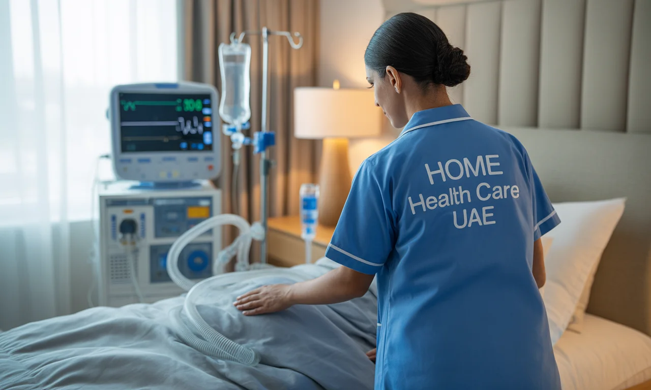 ICU-trained home nurse monitoring a ventilator-dependent patient in a modern UAE bedroom with advanced medical equipment.