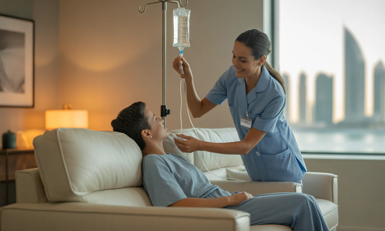 Nurse providing pain management therapy to a patient at home in the UAE, using medical equipment in a comfortable living room.