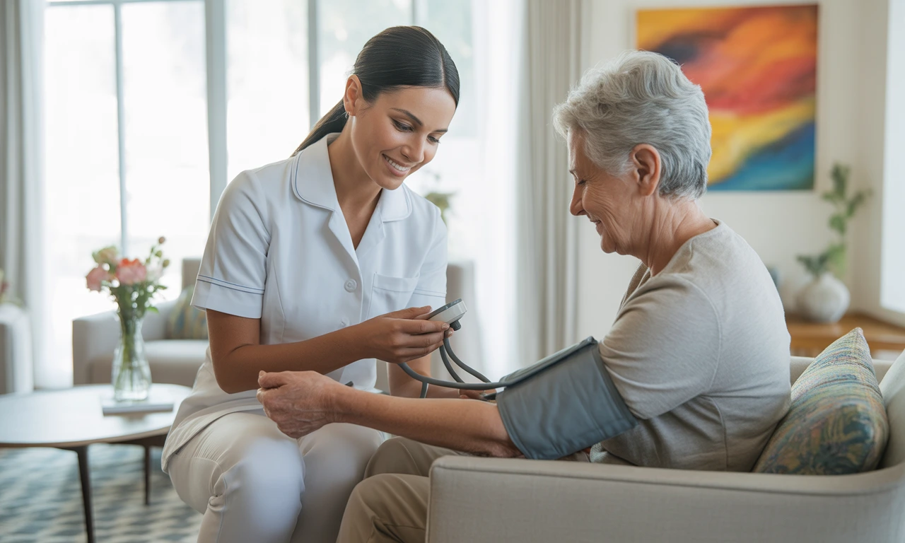 Nurse conducting a comprehensive health assessment for an adult patient at home in the UAE, checking vital signs and collecting a blood sample in a comfortable living room.