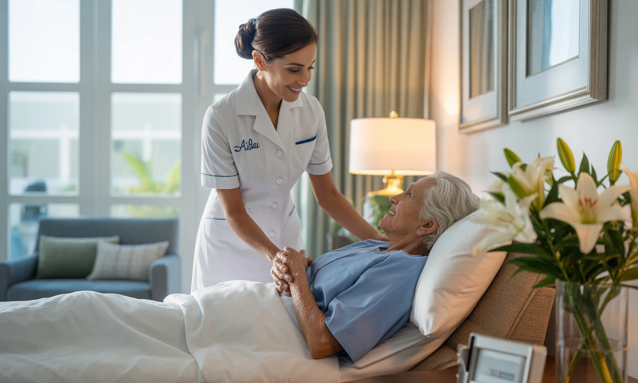 Nurse providing post-operative care to a patient at home in the UAE, using medical equipment in a modern room.