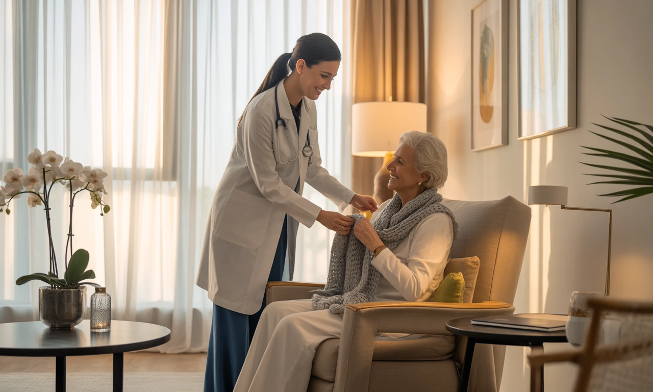 Doctor providing consultation to a patient at home in the UAE, using medical equipment in a modern living room.